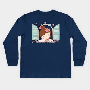 Girl At A Window Kids Long Sleeve T-Shirt